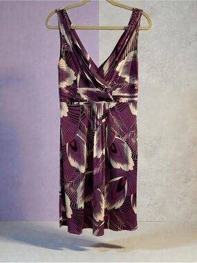 Elie Tahari Purple Floral Surplice Midi Dress with Defined Waist